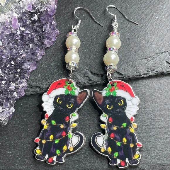 SOLD Holiday Festive Black Cat Christmas And Santa Clause Hat Earrings - Picture 7 of 8